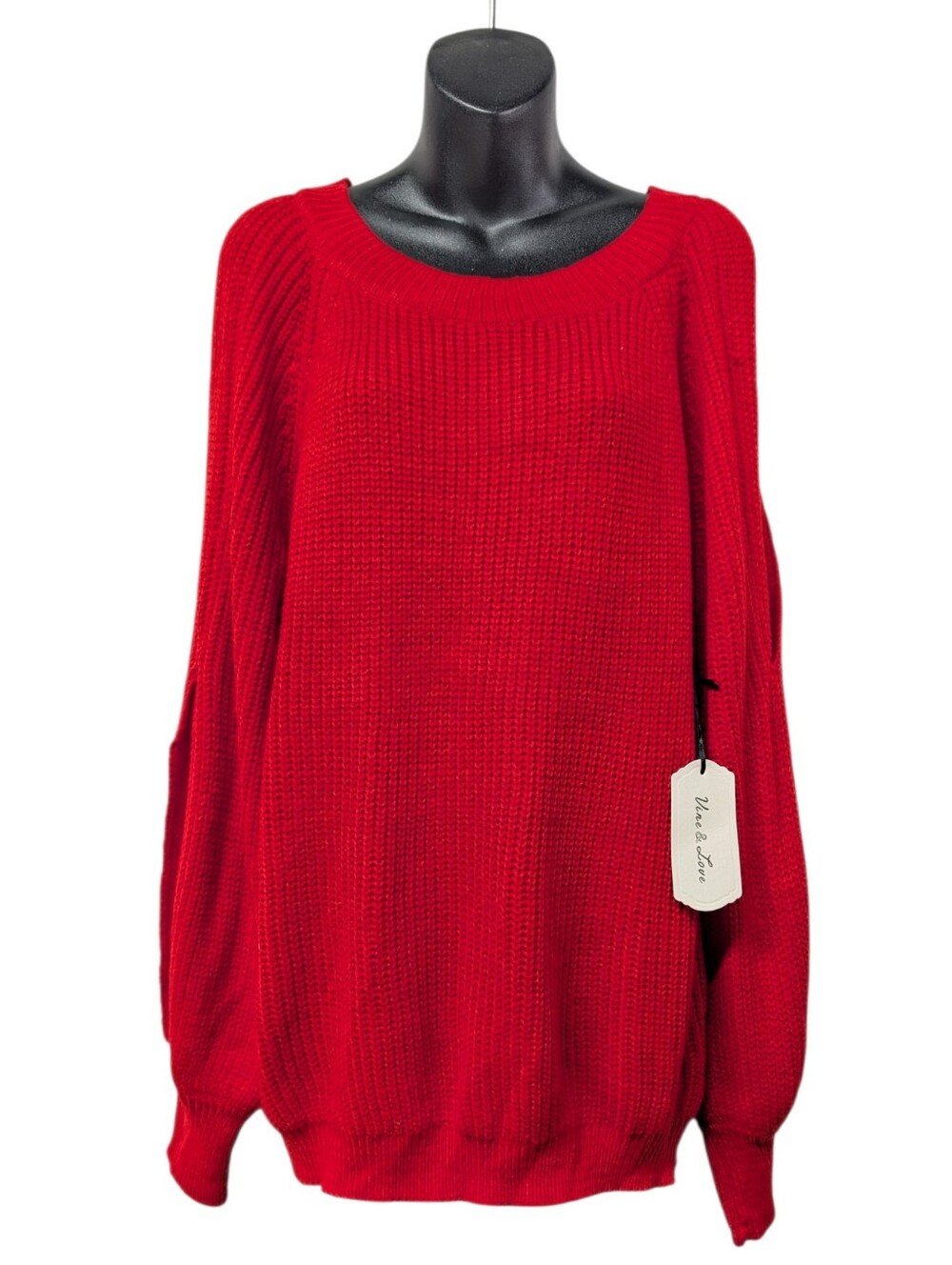 Vine & Love Womens Red Knit Cut-Out Sleeve Scoop Neck Pullover Sweater Sz L NWT